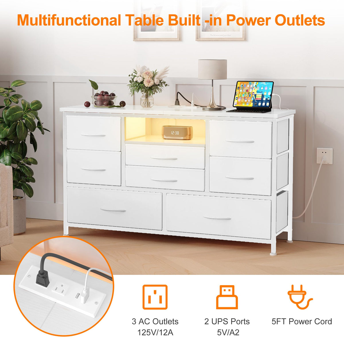 Garvee Meuble TV à 8 tiroirs avec éclairage LED et prise électrique pour salon et chambre, blanc, grand espace de rangement