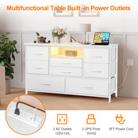 Garvee Meuble TV à 8 tiroirs avec éclairage LED et prise électrique pour salon et chambre, blanc, grand espace de rangement