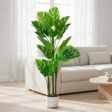 Garvee Monstera artificiel, 1,1 m, résistant aux UV, pot en ciment stable, sans entretien, décoration intérieure pour salon ou bureau, vert