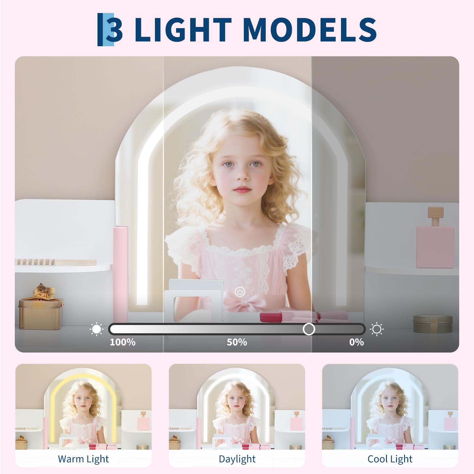 Coiffeuse Garvee pour enfants avec lumière LED et tabouret, réglable, MDF, blanche, pour filles de 3 à 9 ans, salle de jeux et chambre