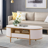 Garvee table basse moderne flûtée en MDF avec plateau effet marbre, tiroirs coulissants, pieds en métal dorés, 47 × 22 × 48 cm, blanche et dorée