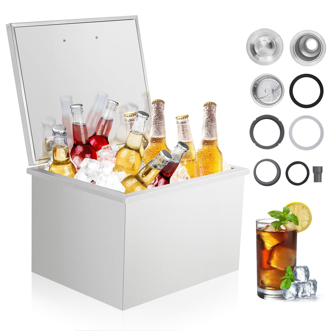 Conteneur à glace encastrable Garvee 40 QT en acier inoxydable isolé avec drain pour bar/cuisine extérieure - Robuste et hygiénique