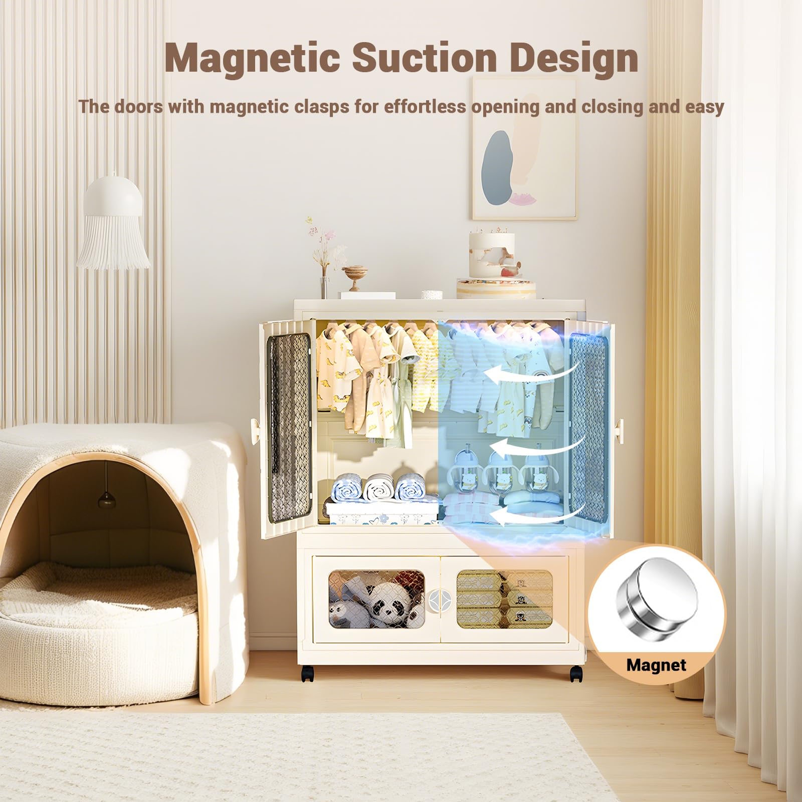 Armoire bébé Garvee à 2 niveaux avec portes transparentes, boîtes de rangement pliables à roulettes, empilables, en plastique, idéale pour la chambre d'enfant et le salon, gain de place et mobile.