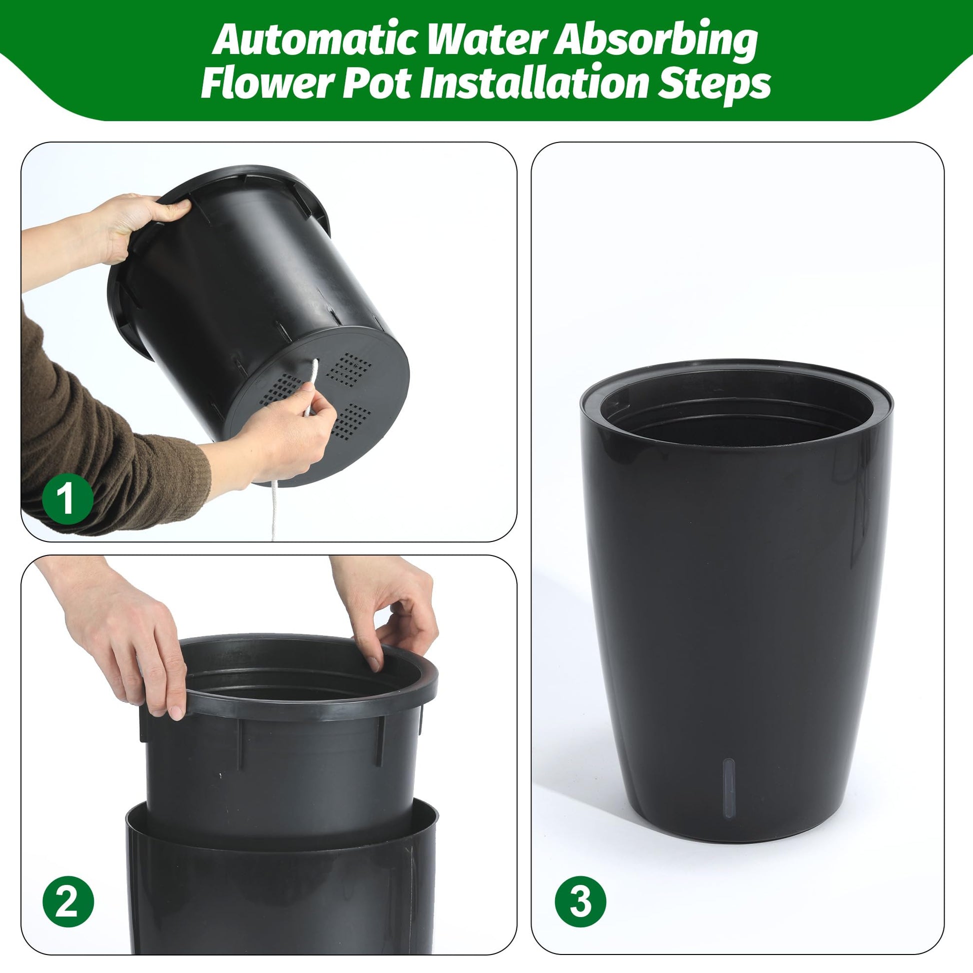 Ensemble de jardinières à arrosage automatique Garvee de 40 cm de haut avec indicateur de niveau d'eau visible pour l'intérieur et la terrasse, noires, robustes et ventilées