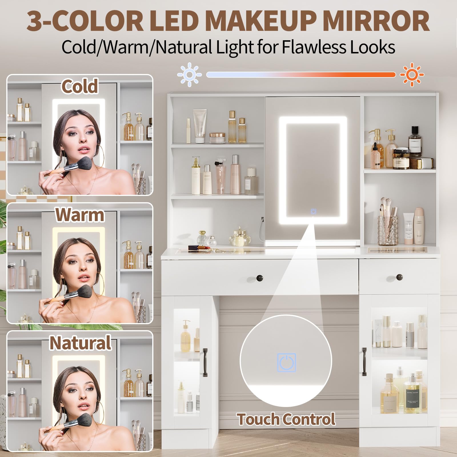 Garvee Coiffeuse avec Miroir LED 3 Couleurs, Plateau en Verre Effet Arc-en-Ciel, MDF Résistant, Tiroirs, Ports USB et Prises AC, Idéale Maquillage