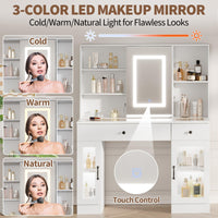 Garvee Coiffeuse avec Miroir LED 3 Couleurs, Plateau en Verre Effet Arc-en-Ciel, MDF Résistant, Tiroirs, Ports USB et Prises AC, Idéale Maquillage