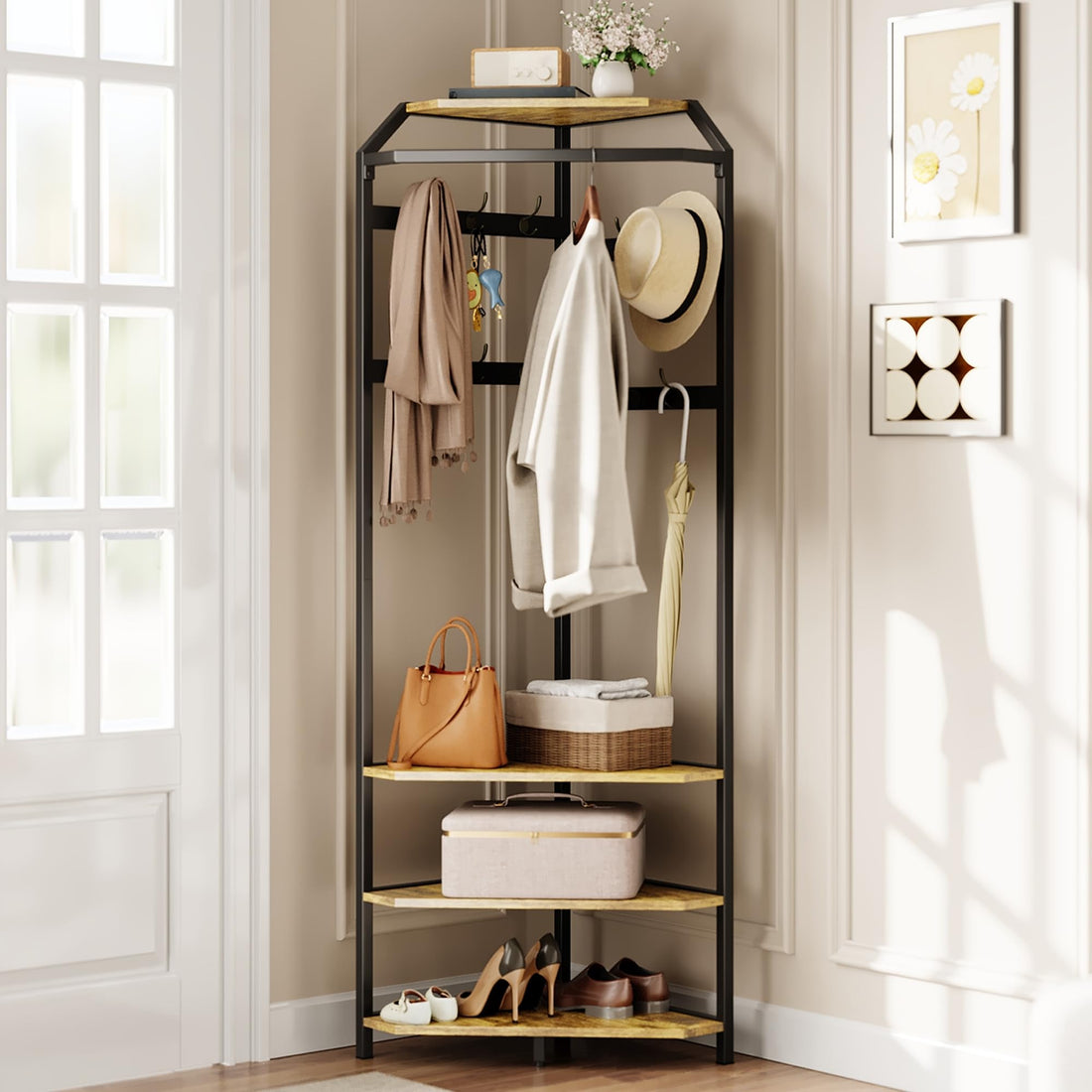 Armoire d'angle Garvee avec banc à chaussures et porte-manteau 3 en 1 à 6 crochets doubles, idéale pour l'entrée et le couloir. Couleur : marron rustique.