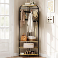Armoire d'angle Garvee avec banc à chaussures et porte-manteau 3 en 1 à 6 crochets doubles, idéale pour l'entrée et le couloir. Couleur : marron rustique.