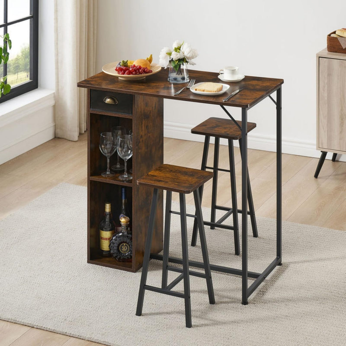 Ensemble table et chaises de bar Garvee avec triple rangement, ensemble bistro pour 2 personnes, structure robuste en fer, plateau en MDF, coussins ergonomiques, compact pour cuisine et bistro.