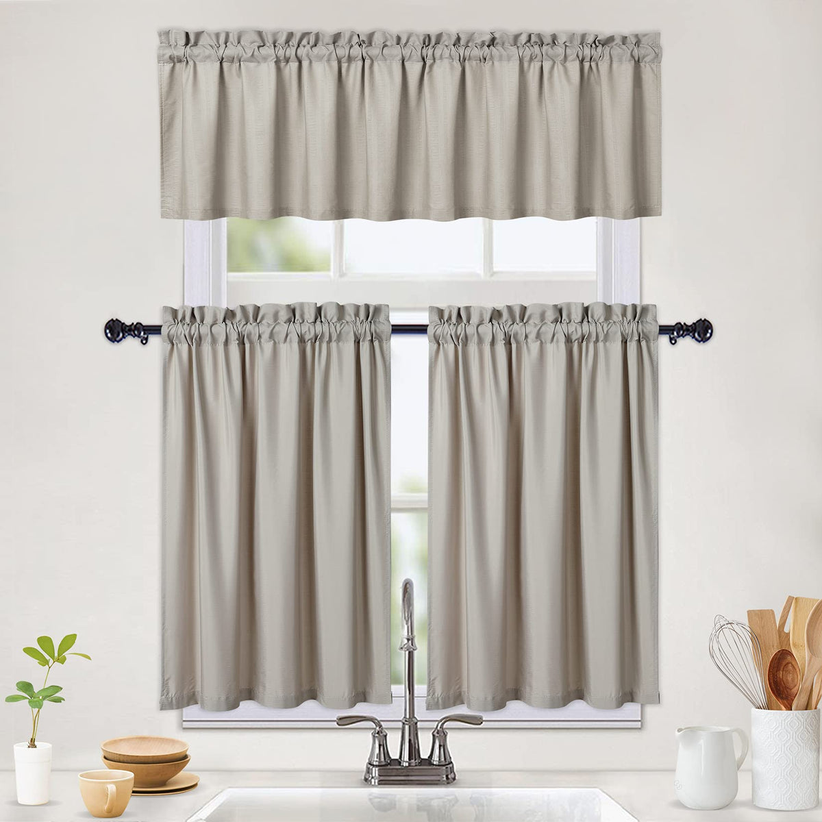 Rideaux de cuisine imperméables Garvee, courts, demi-fenêtre, motif en relief, 2 x 30 x 60 cm, taupe