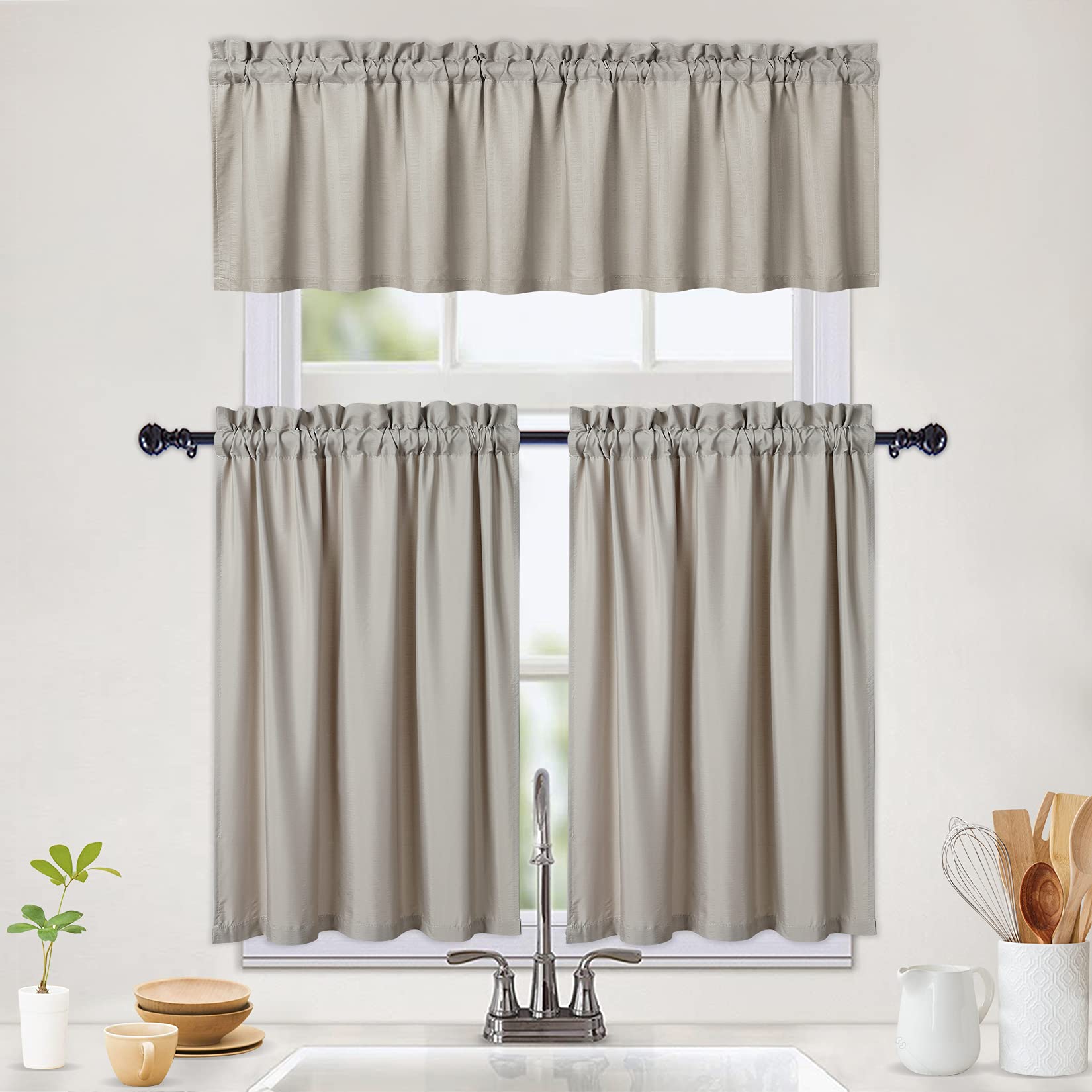 Garvee Lot de 2 rideaux modernes imperméables style semi-café à motif gaufré pour petites fenêtres de cuisine 76x76 cm Taupe