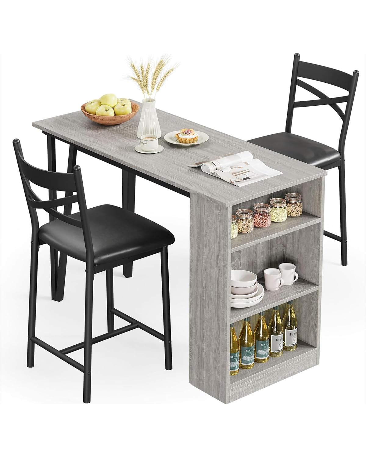 Ensemble table de bar extensible Garvee pour 2 à 4 personnes avec coussins de 40 cm de large, structure robuste en MDF, espace de rangement, gris, idéal pour les petits appartements