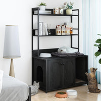 Garvee enclos pour bac à litière avec 2 portes, 2 étagères, griffoir pour usage intérieur, noir, MDF et acier, espace caché pour le chat, étagère intégrée