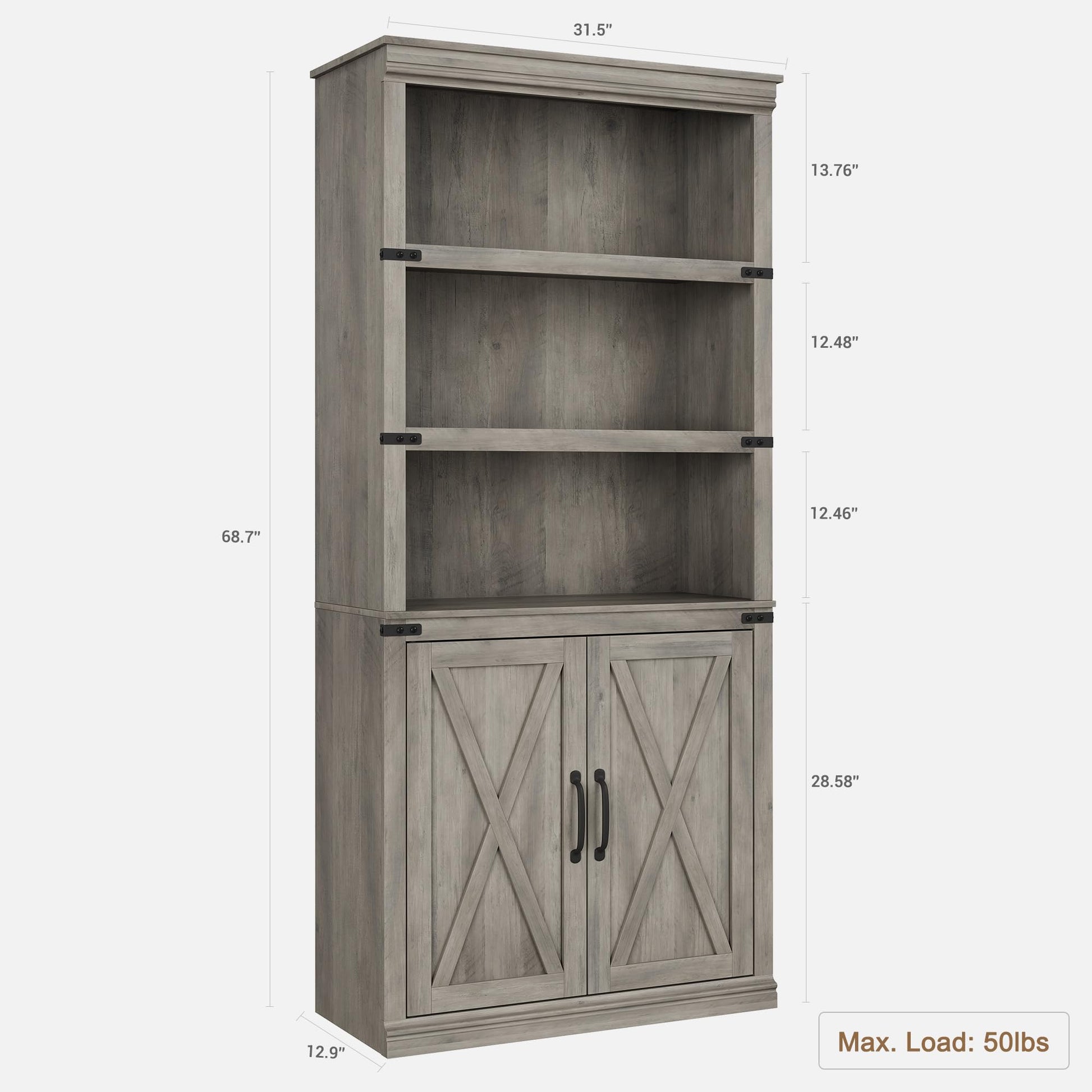 Bibliothèque Garvee à 5 niveaux avec armoire, MDF robuste, portes magnétiques, idéale pour le salon et le bureau, 174,6 cm (H) x 80 cm (L) x 32,8 cm (P), grise