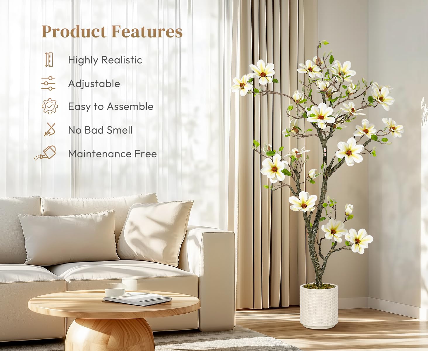Garvee Plante artificielle de magnolia 150 cm en pot blanc, réaliste et durable, pour maison et bureau