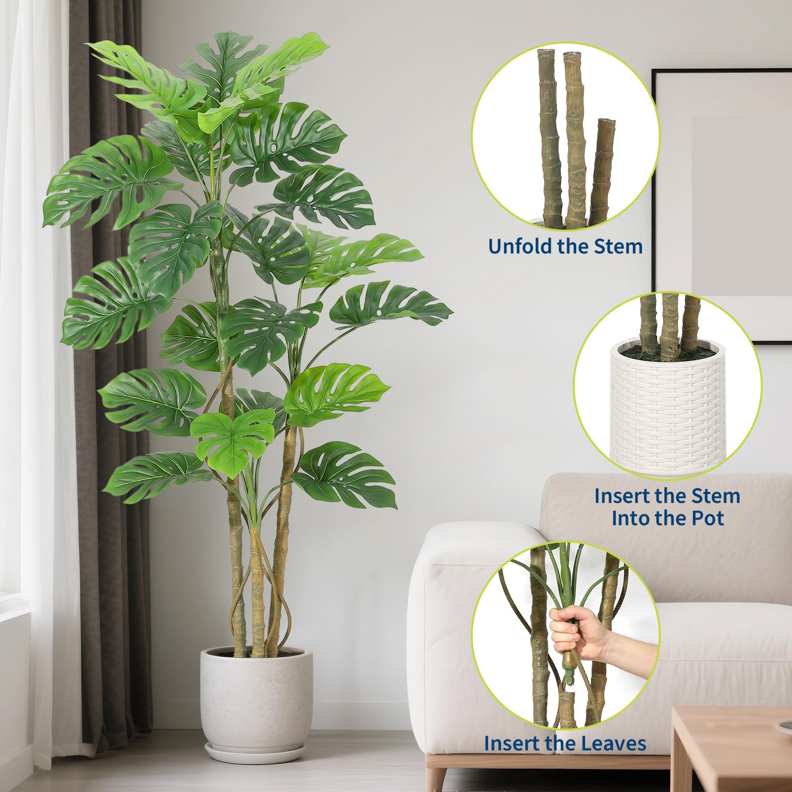 Plante artificielle Monstera Garvee de 1,80 m en polyester de haute qualité, décoration intérieure pour salon ou bureau, verte