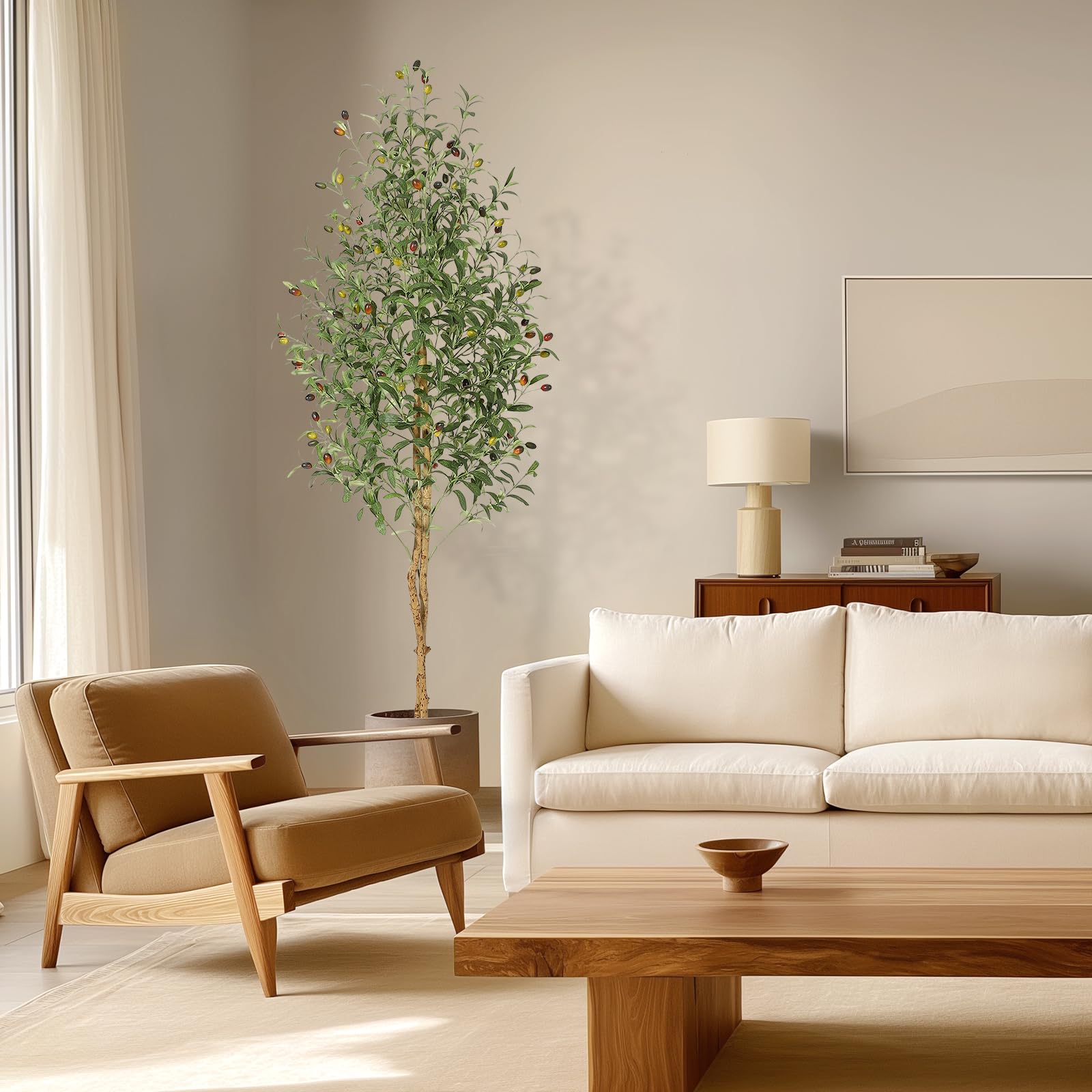 Olivier artificiel Garvee de 1,80 m avec 2 troncs en bois et pot en ciment blanc. Décoration idéale pour le salon et le bureau. Entretien facile.