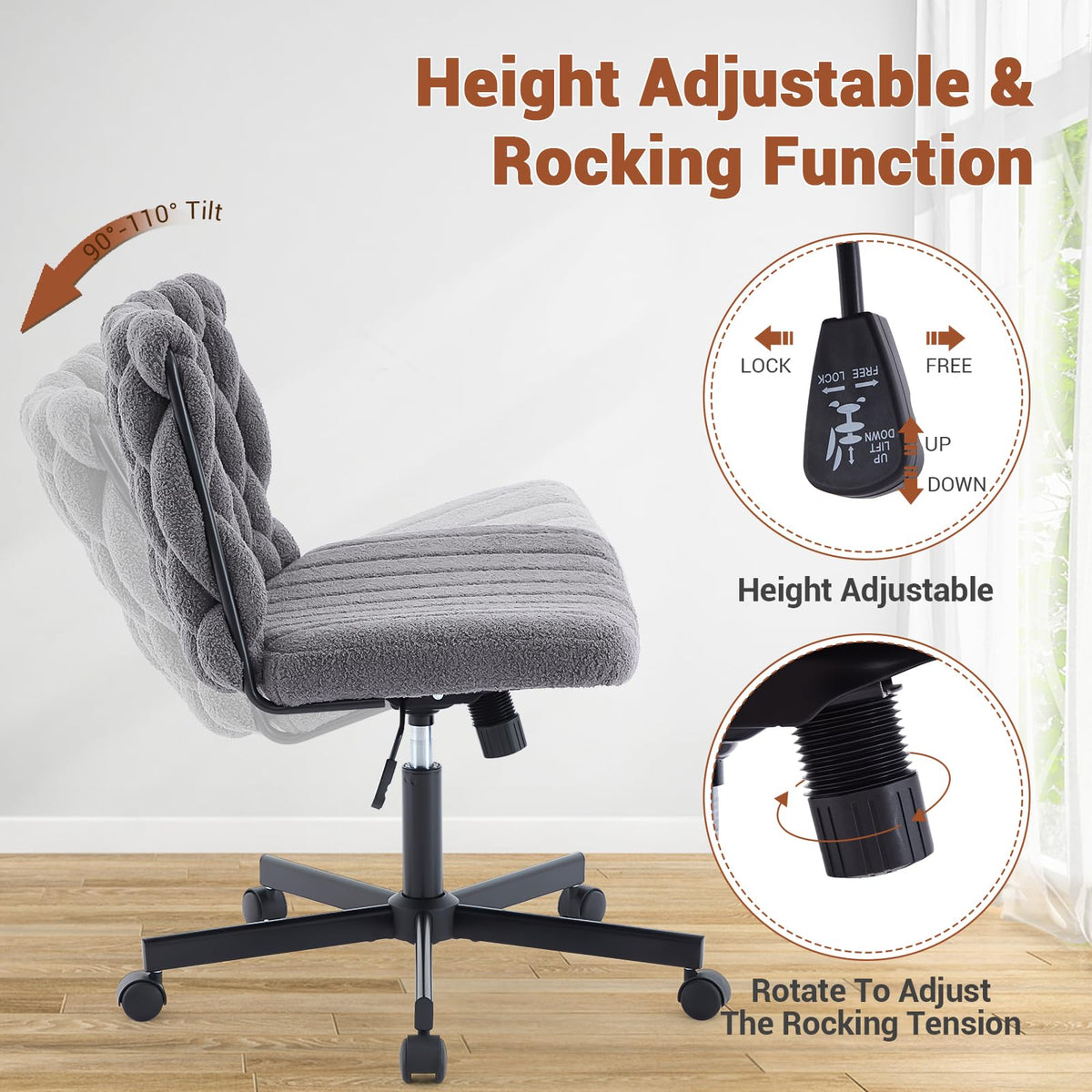Garvee chaise de bureau criss cross à roulettes, assise large, pivotante à 360°, structure en métal, sans accoudoirs, design moderne pour bureau à domicile et coiffeuse, 66 cm, noire