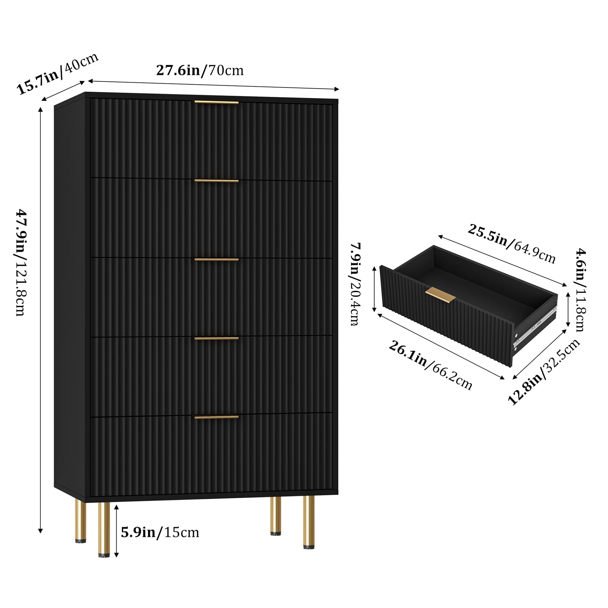 Garvee commode moderne à 5 tiroirs avec panneau cannelé, bois MDF, poignées en métal, pour chambre et couloir, 66 × 33 × 12 cm, noir