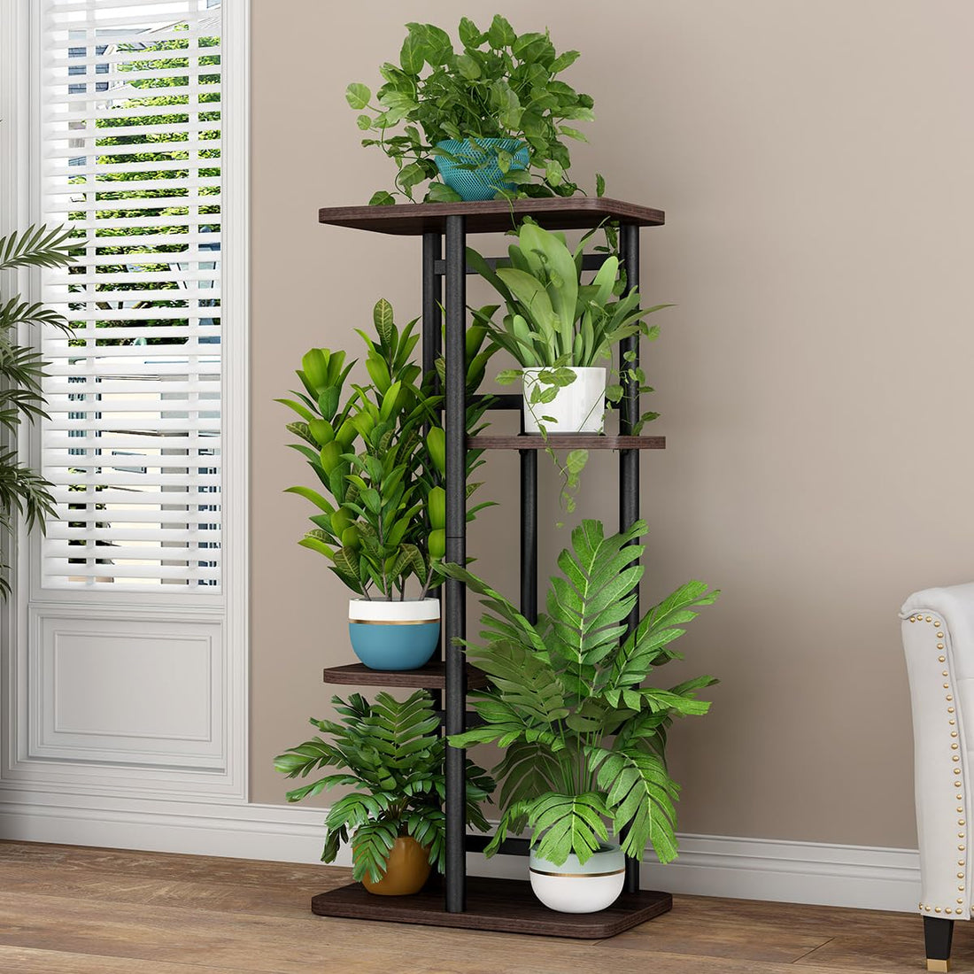 Support à plantes Garvee, étagère d'angle en bois et métal pour salon, balcon, jardin, plusieurs niveaux, coloris bois