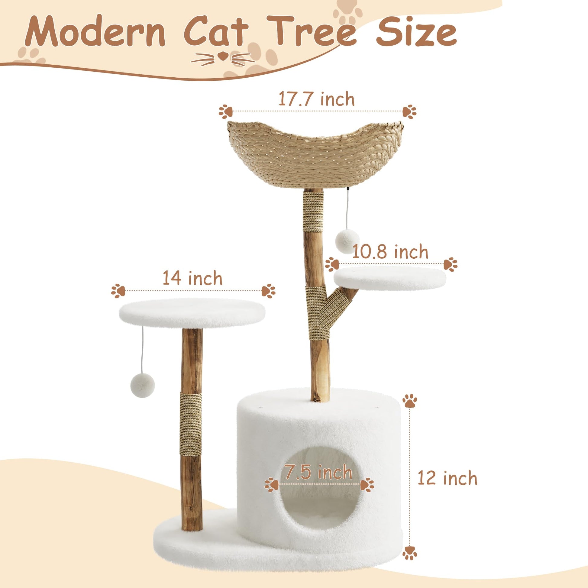Arbre à chat Garvee 43'' en bois naturel avec panier en rotin pour salon, stable pour les grands chats, design moderne, peluche douce