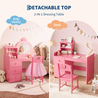 Garvee Bureau-Coiffeuse Enfant Princesse avec Miroir LED, 2-en-1 Convertible, MDF, Rangement et Chaise, Idéal pour Jeux et Étude