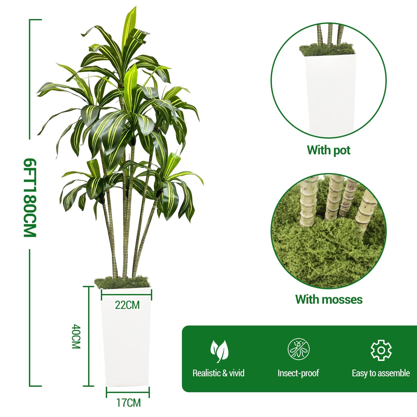 Arbre dragon artificiel Garvee de 180 cm avec pot de fleurs blanc pour salon, balcon ou bureau. Plante tropicale en plastique, réaliste et ajustable.