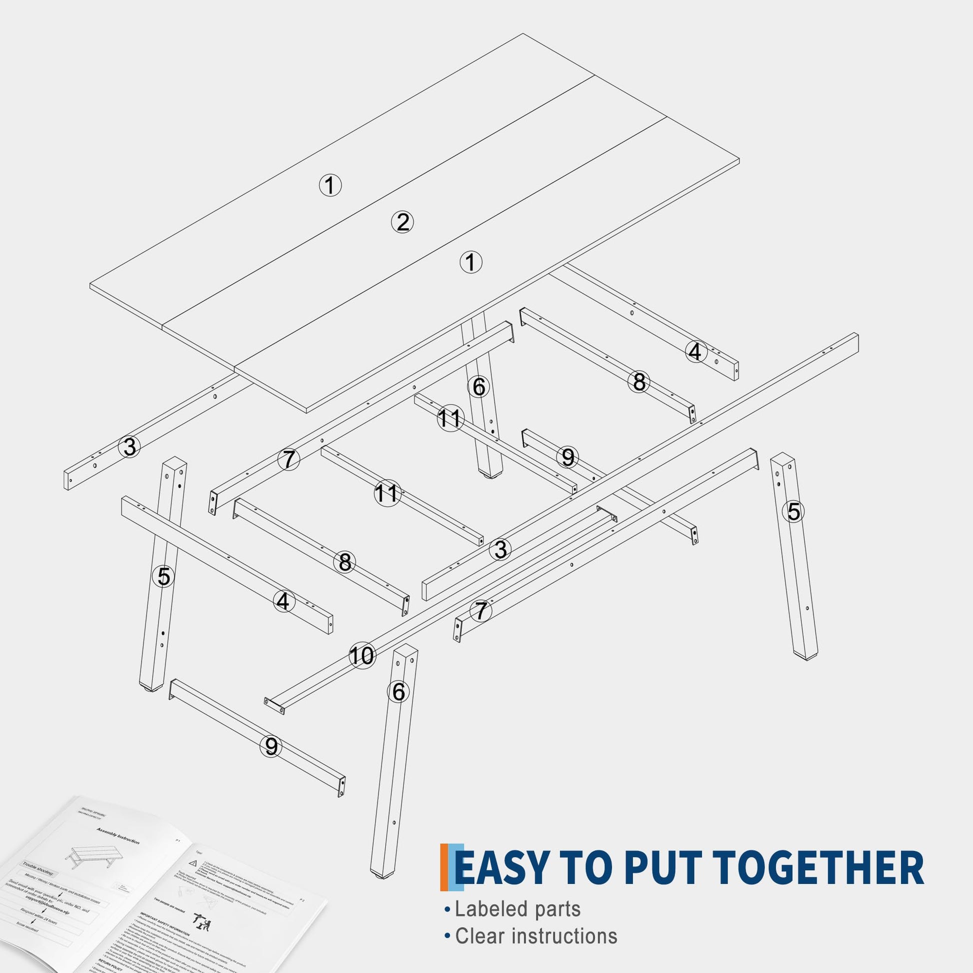 Garvee Table de salle à manger industrielle pour 6 à 8 personnes, structure métallique robuste, plateau en MDF brun rustique, pieds réglables