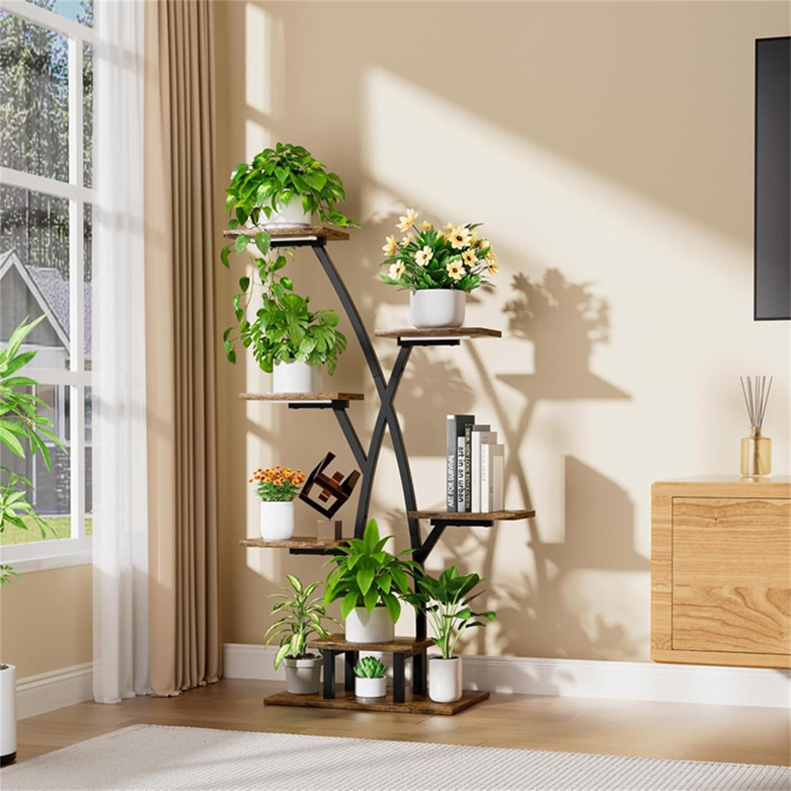 Support pour plantes en métal Garvee avec lampe de croissance à spectre complet à 3 têtes antirouille pour balcon, salon, chambre, capacité de charge jusqu'à 68 kg (150 lbs)