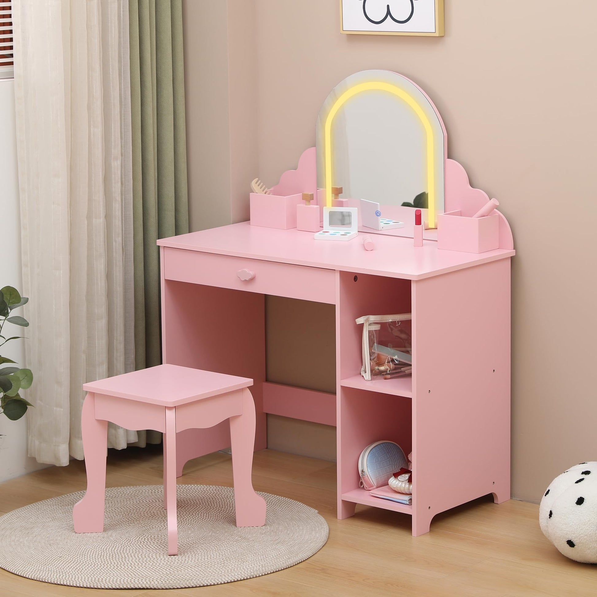 Garvee Coiffeuse Enfant Rose avec Miroir Lumineux et Tabouret, Grand Rangement, LED Réglable, MDF Sûr, pour Filles 3-9 Ans