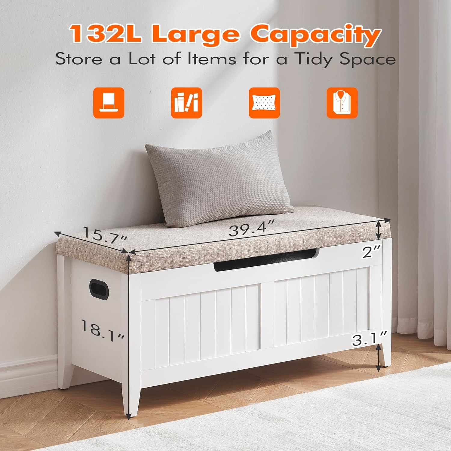Banc de rangement Garvee 39,4 po avec coussin, charnières de sécurité, coffres de rangement, bois aggloméré, blanc, pour couloir et salon