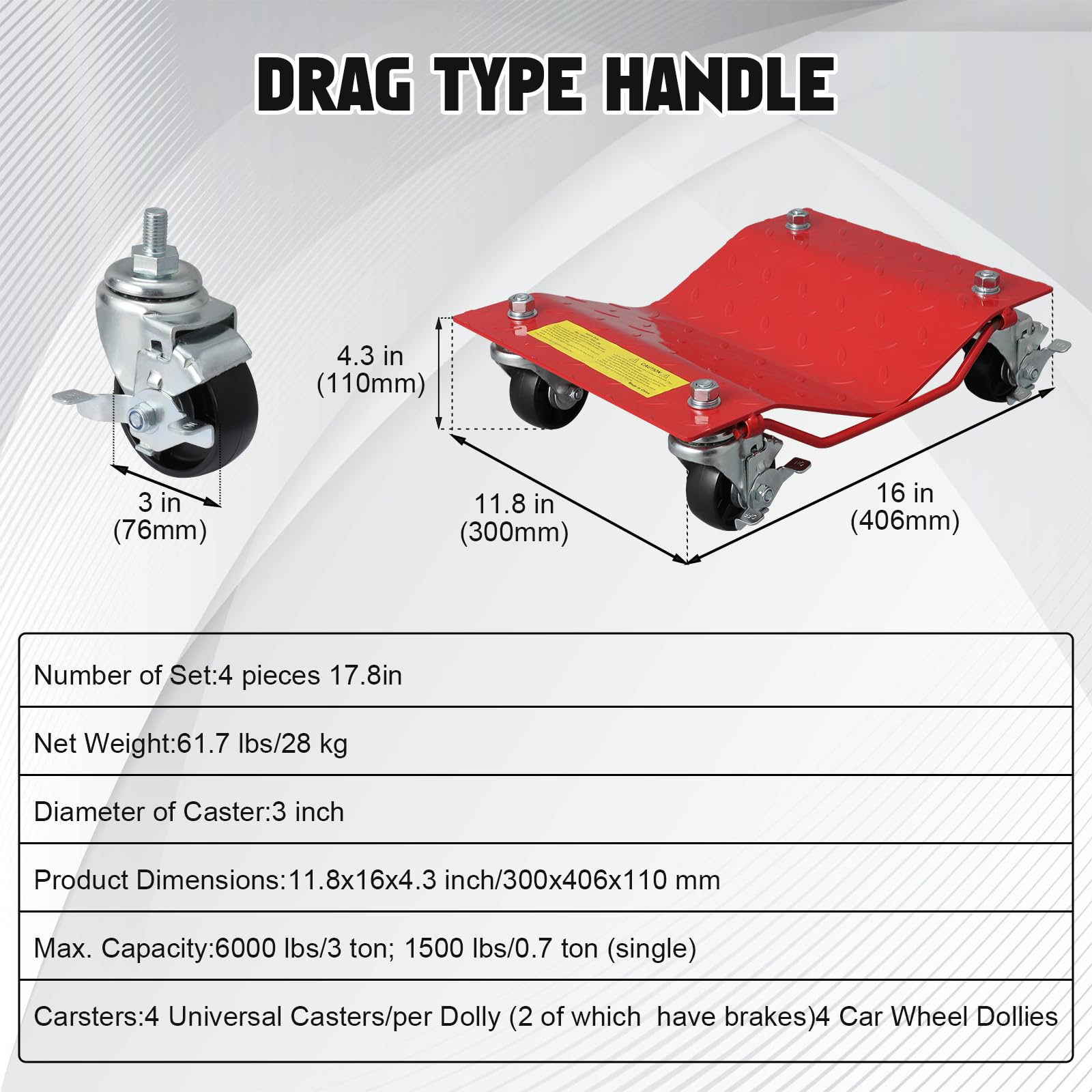 Garvee Lot de 2 Chariots de Déplacement Auto 680 kg, Acier Robuste, Roues 360° avec Freins, Rouge, pour Camion, Tracteur et Garage