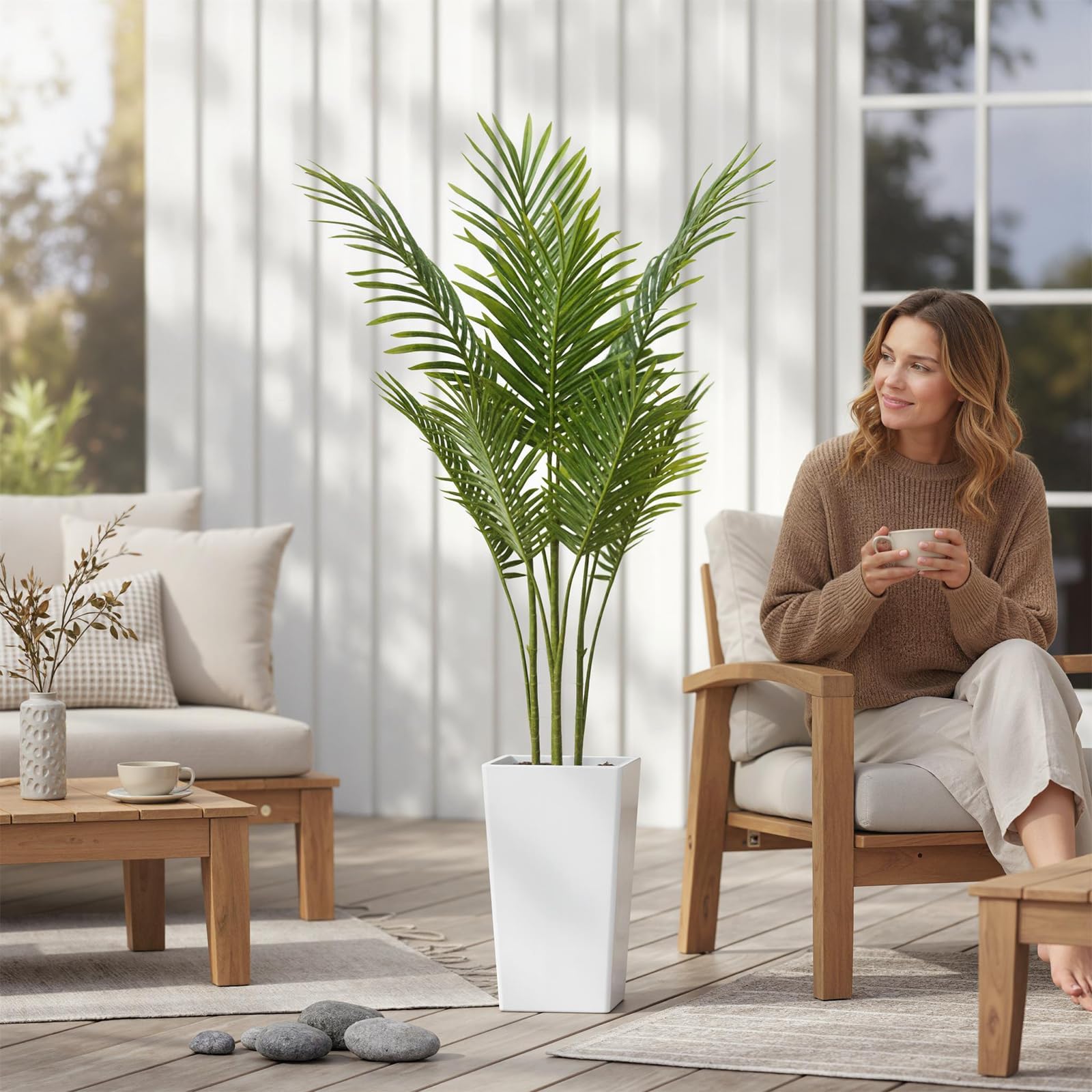 Palmier artificiel Areca Garvee de 1,46 m avec pot blanc haut, feuilles réalistes, PEVA imperméable, décoration intérieure pour salon ou bureau