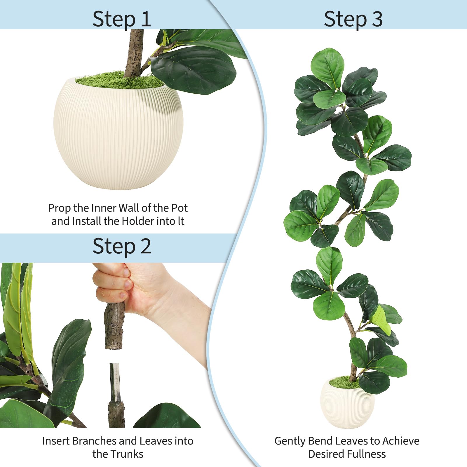 Garvee Ficus lyrata artificiel 152 cm en forme de S, pot blanc, feuilles en soie réalistes et branches ajustables, vert