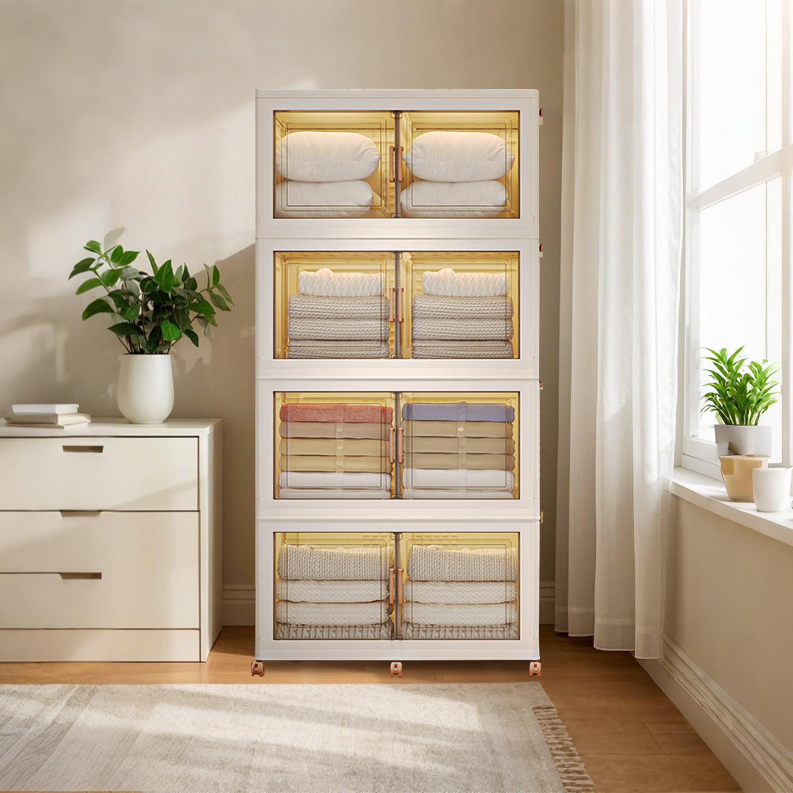 Boîtes de rangement empilables en plastique Garvee, lot de 4, 144 QT, avec portes et roulettes, transparentes, pour chambre et garage