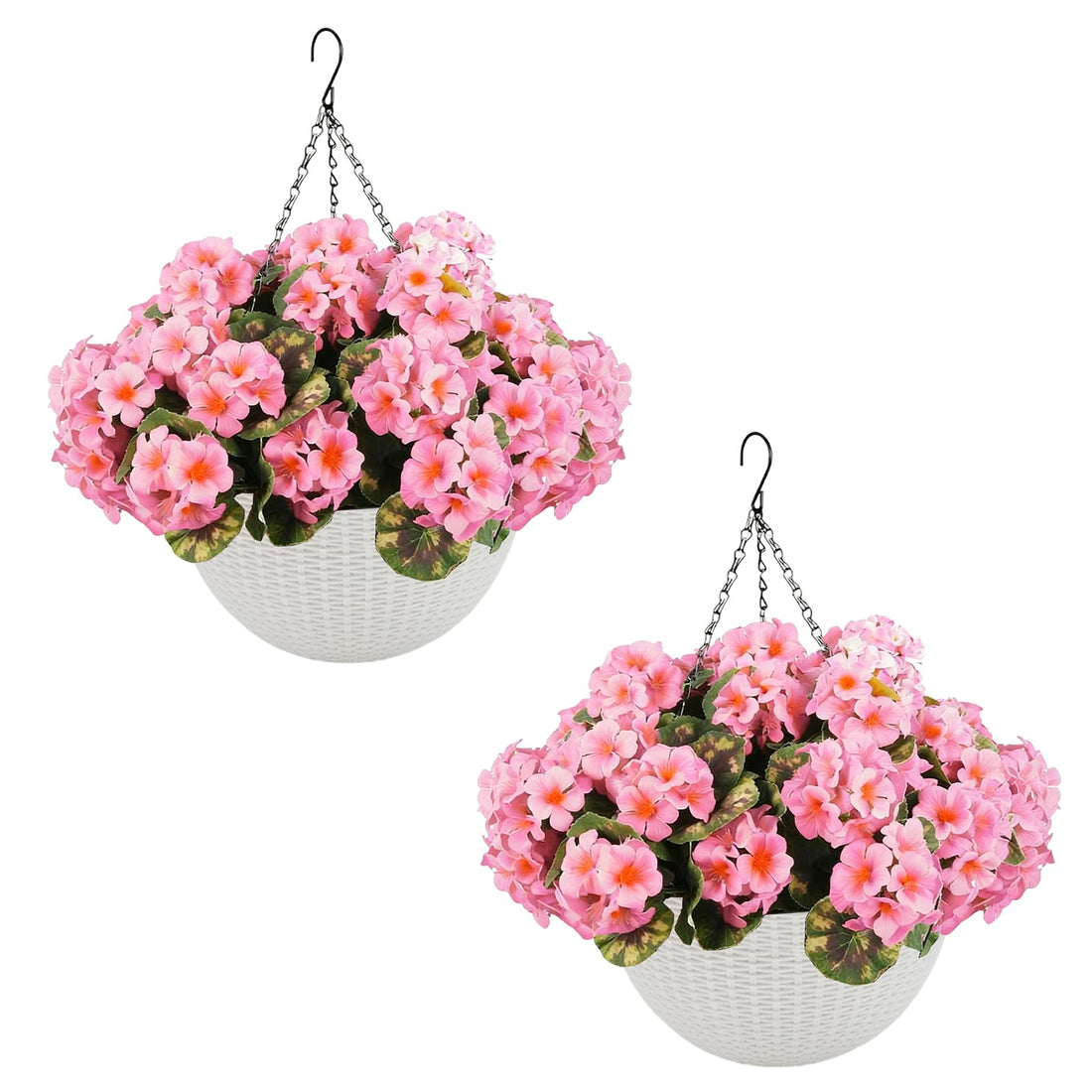 Garvee Lot de 2 géraniums artificiels avec 12 fleurs roses, résistants aux intempéries, panier blanc, à suspendre pour la décoration du jardin et de la terrasse