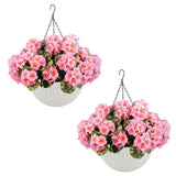 Garvee Lot de 2 géraniums artificiels avec 12 fleurs roses, résistants aux intempéries, panier blanc, à suspendre pour la décoration du jardin et de la terrasse