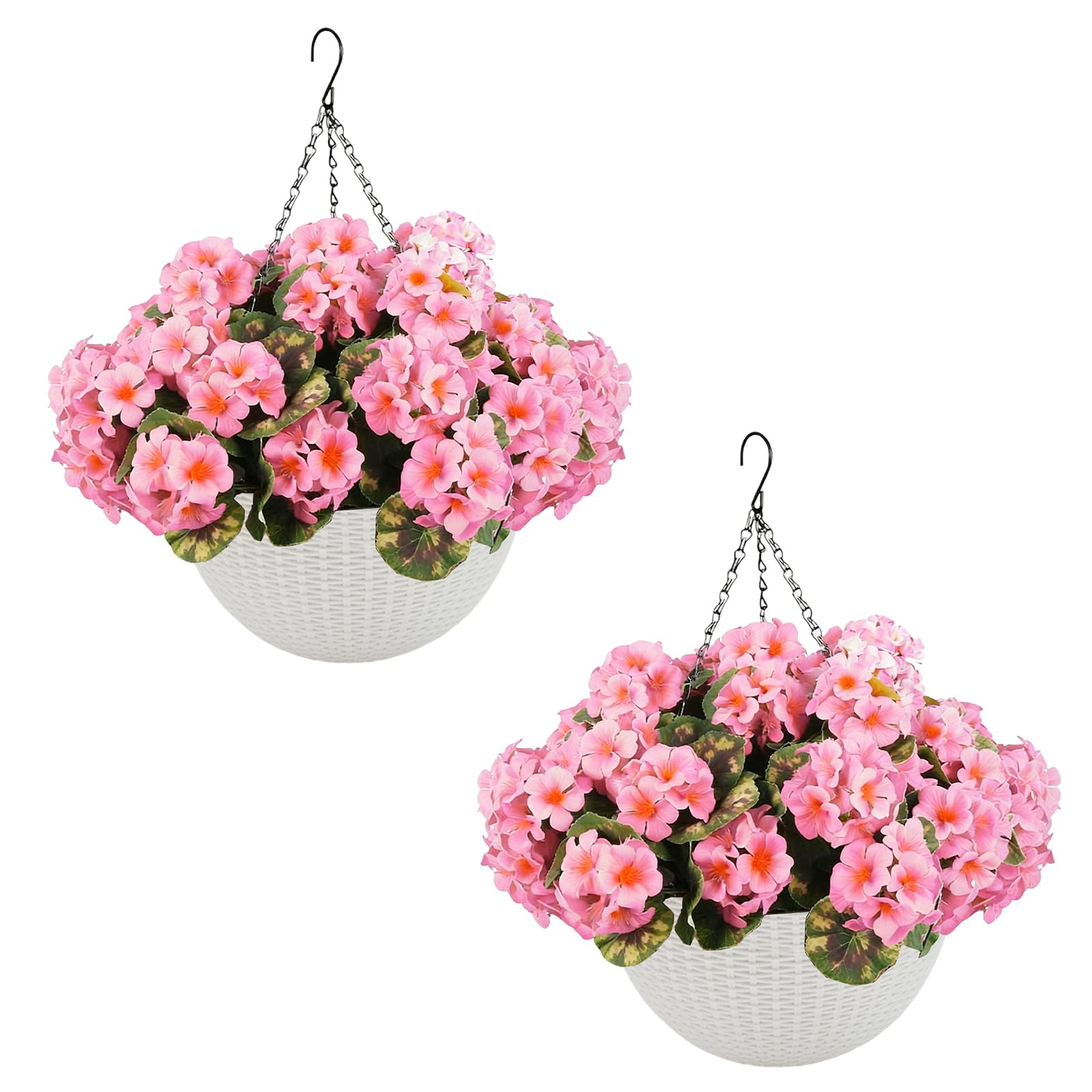 Garvee Lot de 2 géraniums artificiels avec 12 fleurs roses, résistants aux intempéries, panier blanc, à suspendre pour la décoration du jardin et de la terrasse