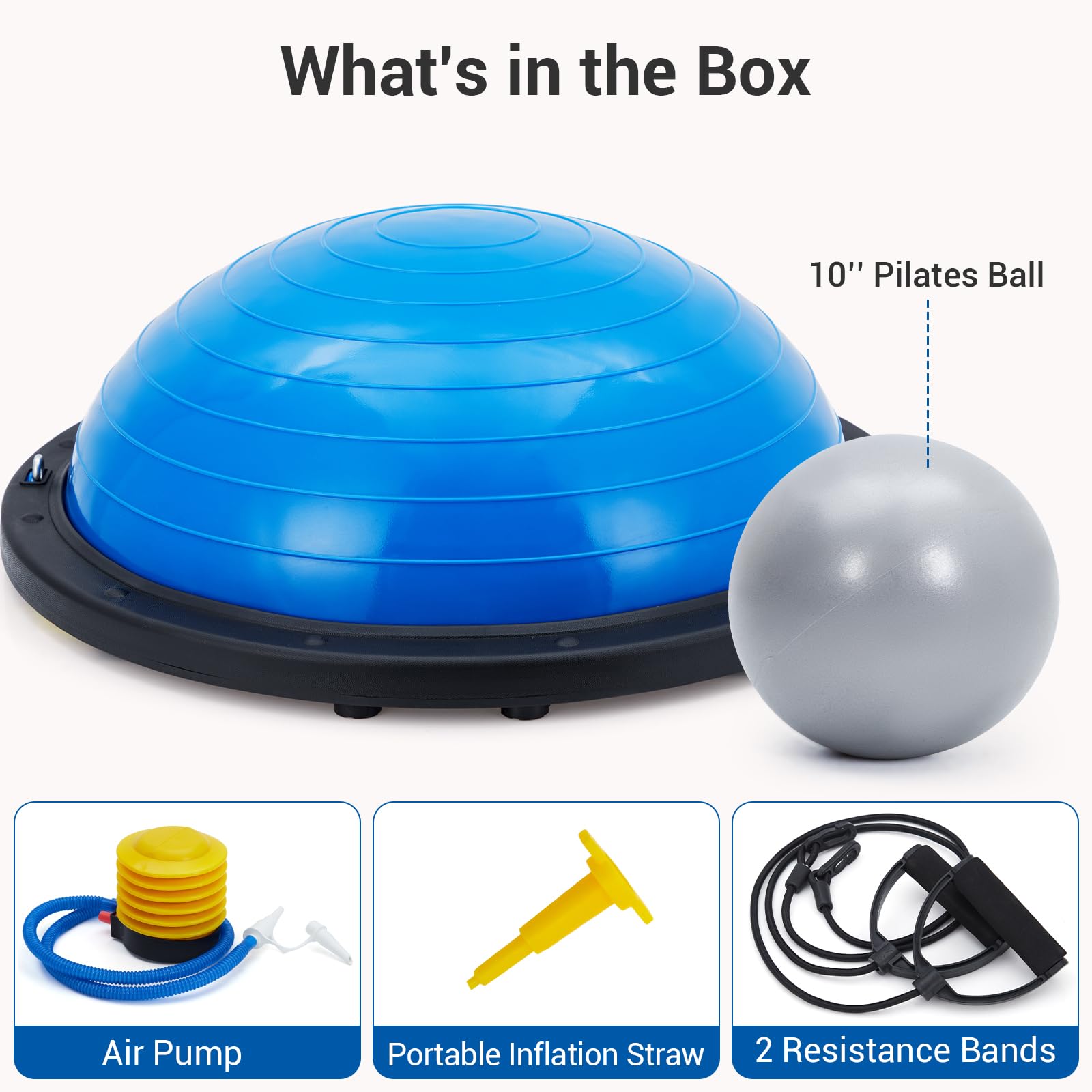 Ballon d'équilibre demi-sphère Garvee de 58 cm (23 po) avec 2 élastiques et pompe pour le yoga et la musculation. Couleur bleue. Capacité de charge : 725 kg (1 6 lb). Base antidérapante.