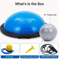 Ballon d'équilibre demi-sphère Garvee de 58 cm (23 po) avec 2 élastiques et pompe pour le yoga et la musculation. Couleur bleue. Capacité de charge : 725 kg (1 6 lb). Base antidérapante.