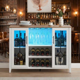 Garvee Buffet bar à vin finition blanche avec éclairage LED, rangements pour bouteilles et verres, étagères et tiroirs - Blanc