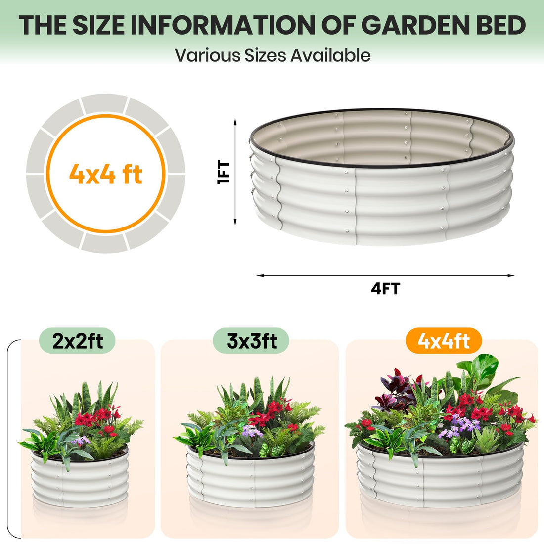 Garvee Jardinières surélevées, lot de 2, 120 x 120 x 30 cm, acier galvanisé, antirouille, rondes, blanches, pour jardin extérieur