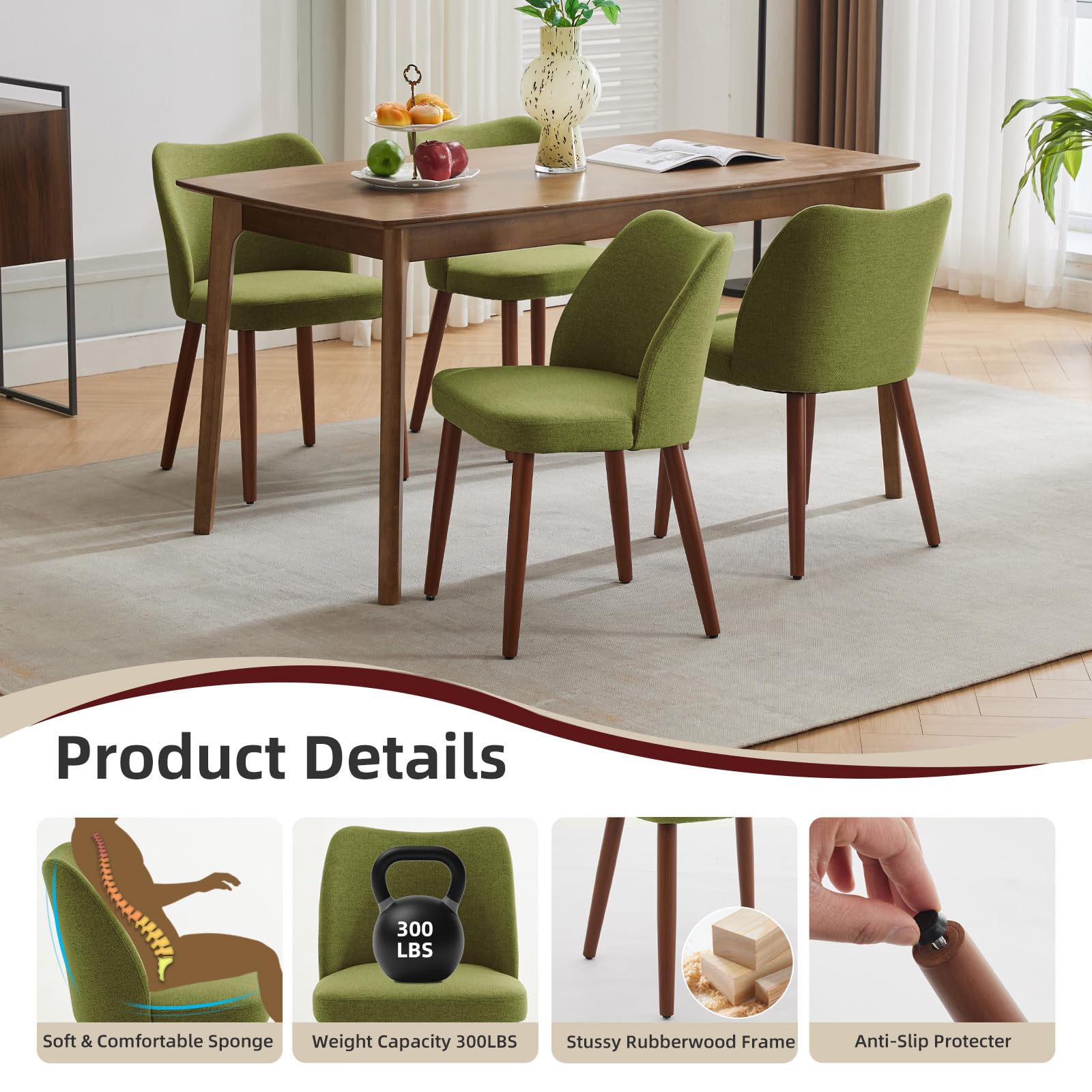 Chaises de salle à manger Garvee, lot de 2, en tissu, avec assise rembourrée et pieds en bois, idéales pour la cuisine, les restaurants et les cafés. Hauteur : 78 cm. Style moderne mi-siècle, gris.