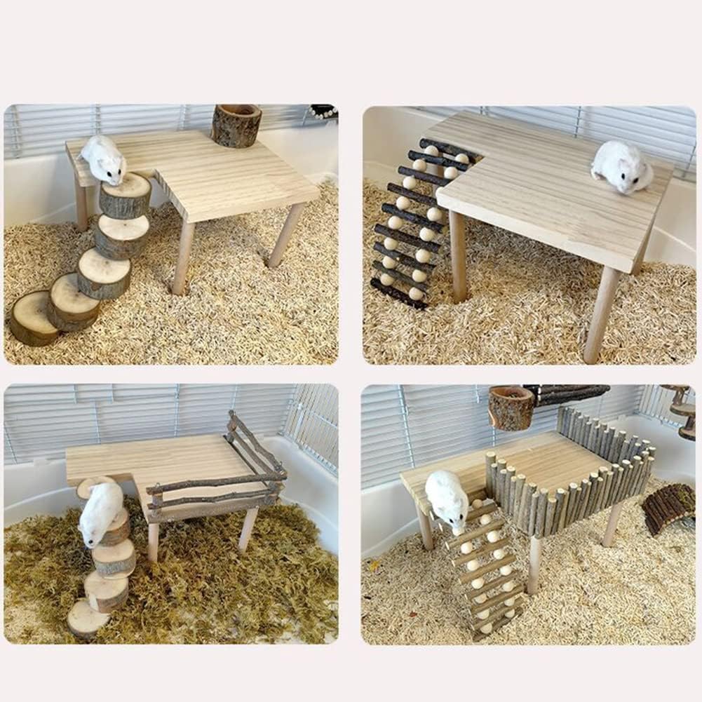 Plateforme d'escalade robuste Garvee en bois naturel pour cages à oiseaux et hamsters, plateforme à deux niveaux avec échelle, accessoires robustes, polyvalente, bois naturel