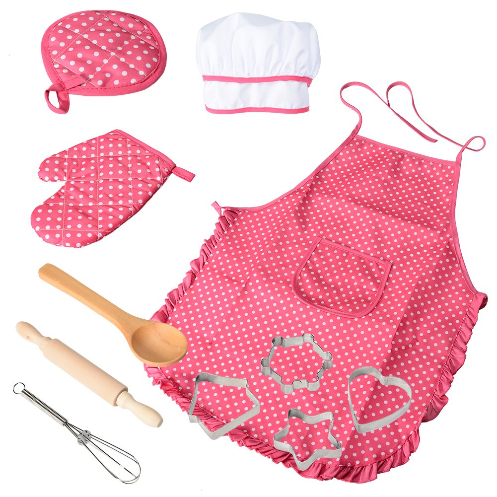 Ensemble de cuisine et de pâtisserie Garvee 11 pièces pour enfants avec tablier ajustable, toque de chef et accessoires sans BPA pour les jeux de rôle et les fêtes d'anniversaire, en coton lavable