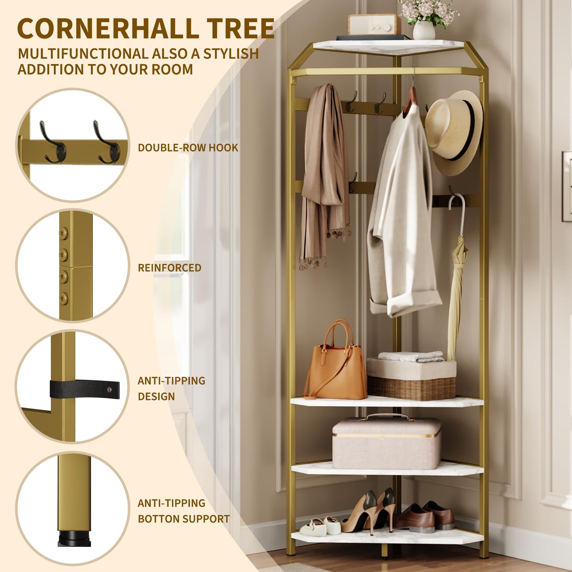 Armoire d'angle Garvee avec banc à chaussures et 6 crochets doubles, solution de rangement 3 en 1 pour entrée et couloir, 51 x 51 x 180 cm, doré 02, gain de place