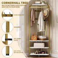 Armoire d'angle Garvee avec banc à chaussures et 6 crochets doubles, solution de rangement 3 en 1 pour entrée et couloir, 51 x 51 x 180 cm, doré 02, gain de place