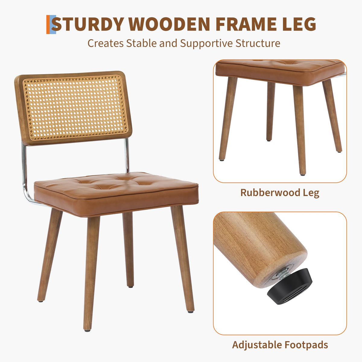Ensemble de 2 chaises de salle à manger Garvee en rotin style Mid-Century, avec dossier tissé à la main, assise rembourrée, structure en bois et revêtement en similicuir marron, pour la cuisine et la salle à manger.