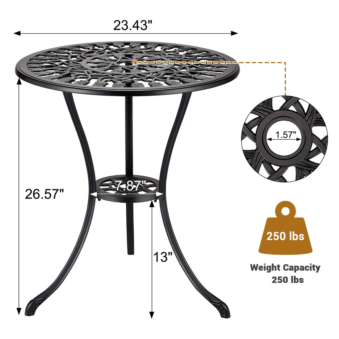 Table bistro d'extérieur ronde Garvee 61 cm (24 po) en fonte avec trou pour parasol de 5 cm (2 po) pour balcon et jardin, noire