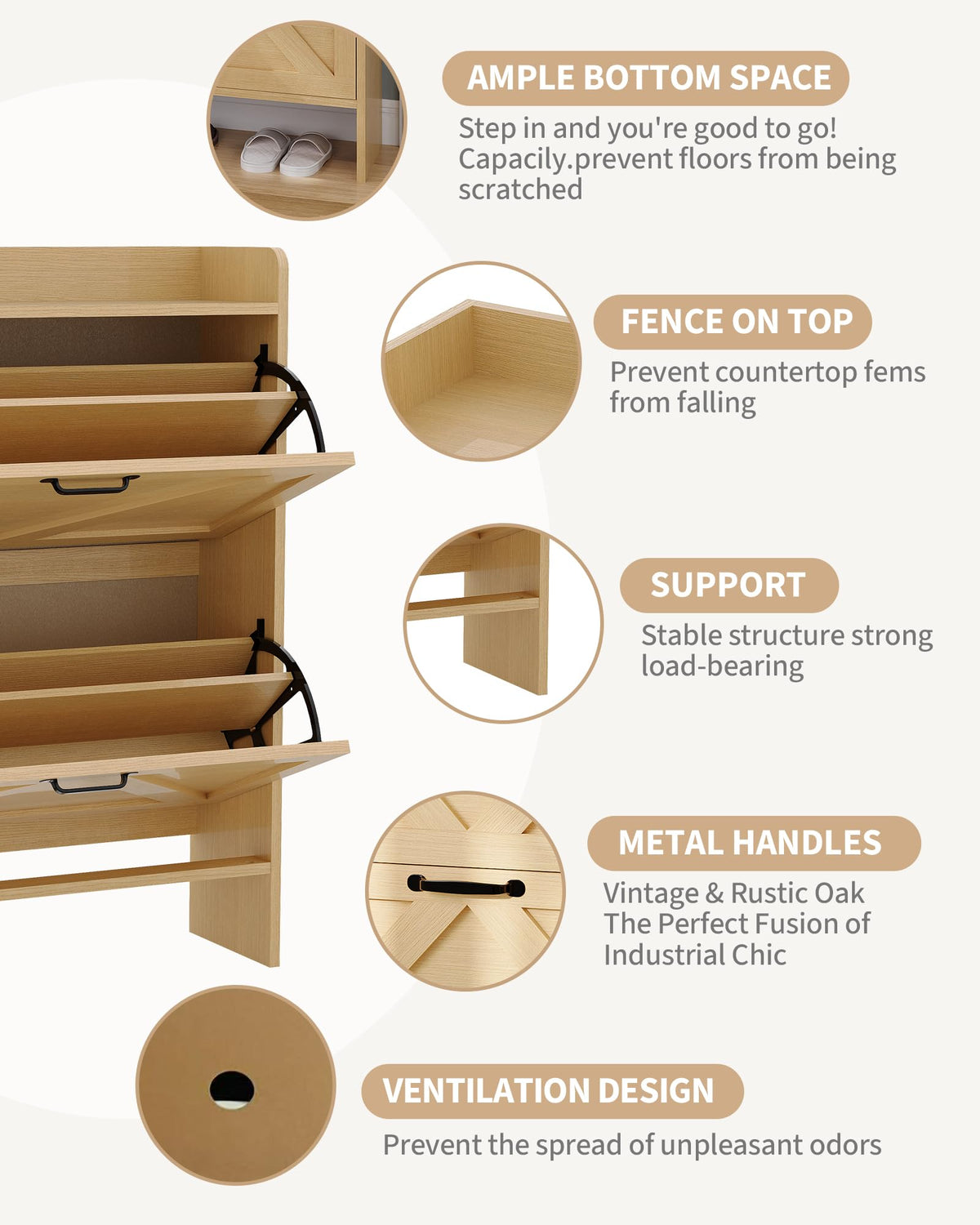 Rangement à chaussures Garvee avec 2 tiroirs pliables, marron rustique, pour entrée et couloir, durable, gain de place, en bois